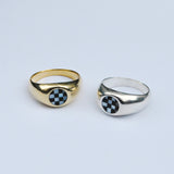 A collection of two Bubble Inlay Rings in silver and bronze with checkerboard inlay designs