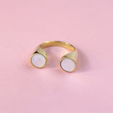 Gold toned bronze split shank ring with mother of pearl inlay