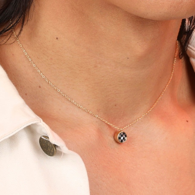 Delicate bronze necklace with checkerboard inlay stone