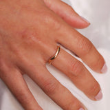 Hand wearing a gold ring on a white background