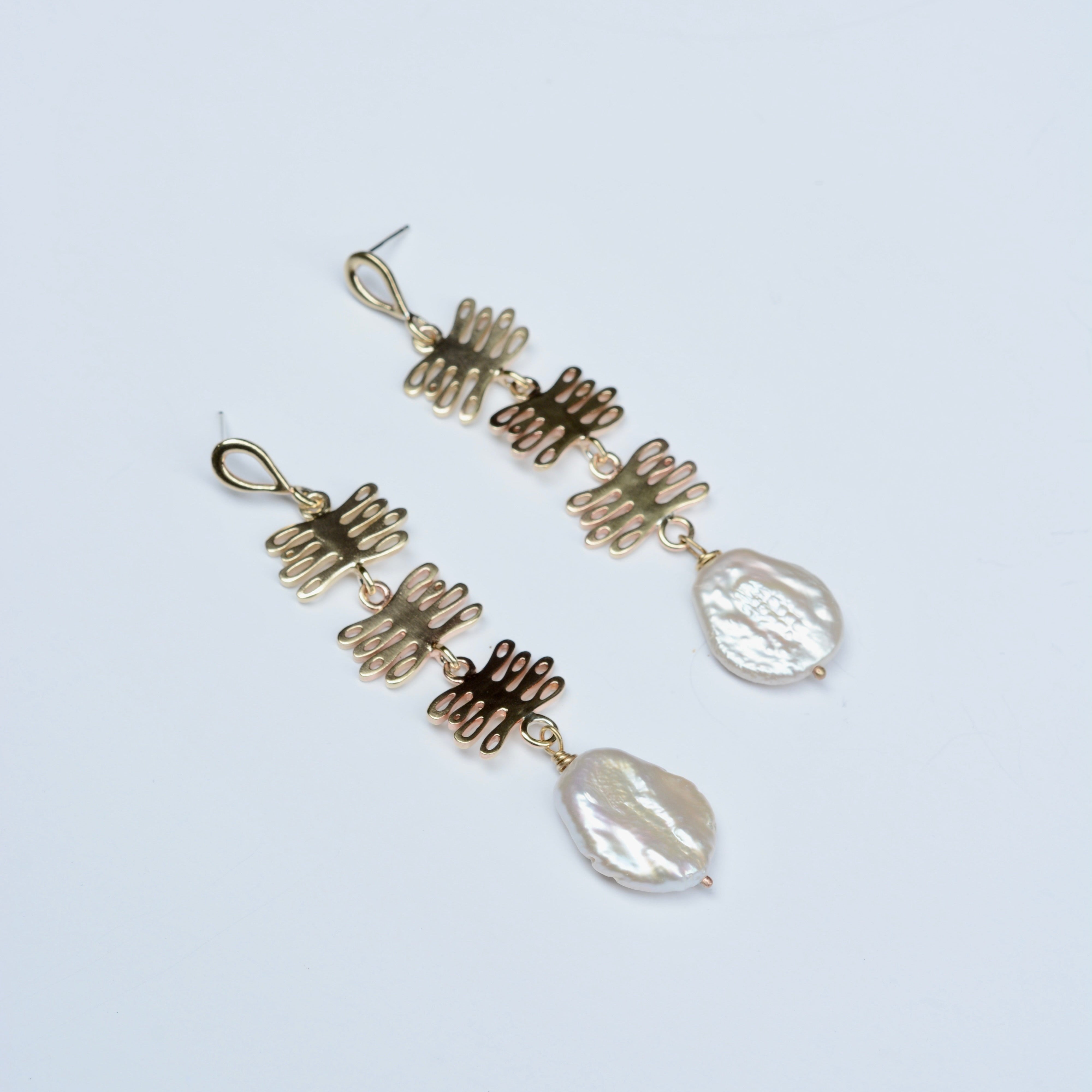 Bronze dangle earrings with kelp charms and organic pearls