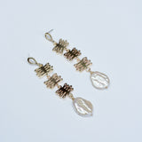 Bronze dangle earrings with kelp charms and organic pearls
