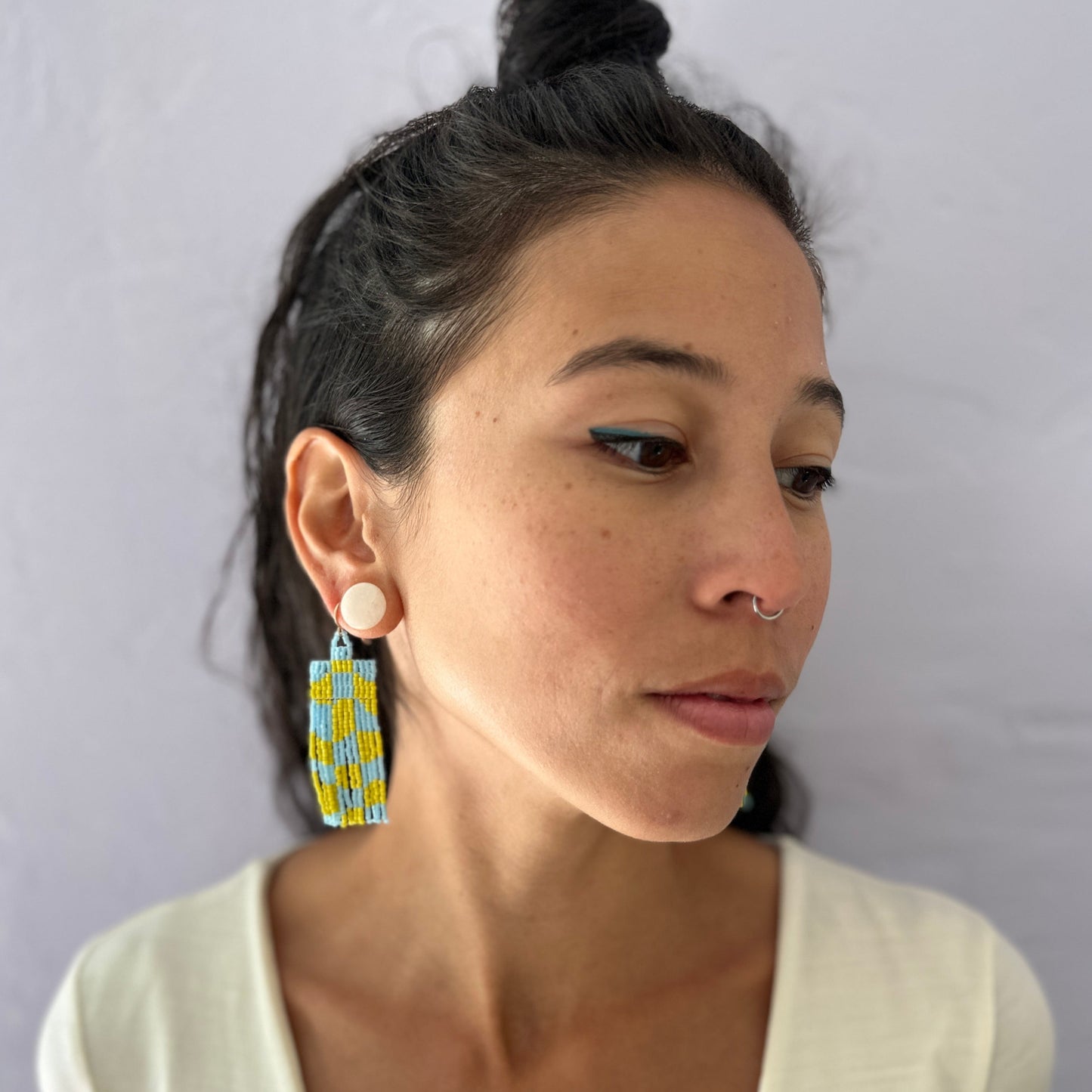 Wavy Checkered Beaded Earrings in Chartreuse & Blue
